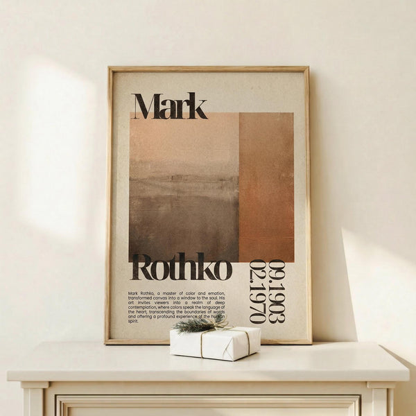 May include: Framed art poster featuring Mark Rothko's name in large black text above abstract geometric shapes in warm browns and tans, with biographical text and dates 1903-1970. Light wood frame displayed on white wooden console table against cream wall, with small wrapped gift box with greenery beside it.