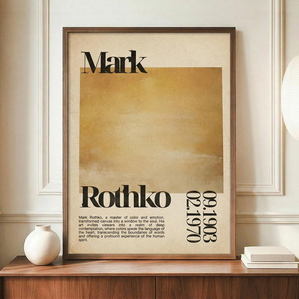 May include: Framed art print featuring Mark Rothko's name in bold black letters above a golden yellow rectangular color field on cream background, with biographical text and dates below. Wooden frame displayed on walnut credenza beside white ceramic vase and stacked books against beige wainscoted wall.
