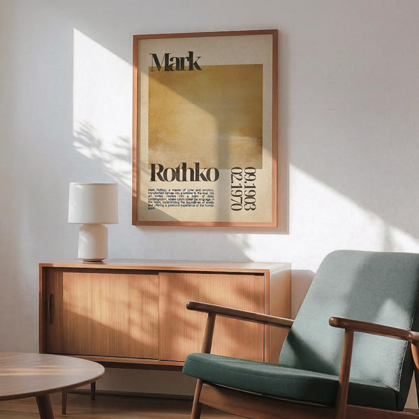 a living room with a wooden cabinet, a green armchair, and a wooden coffee table. A framed poster with text hangs on the wall above the cabinet.