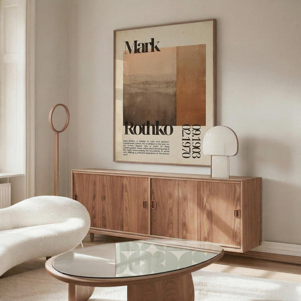 a modern living room with a large wooden cabinet, a white sofa, and a glass coffee table. A framed poster with text hangs on the wall above the cabinet.