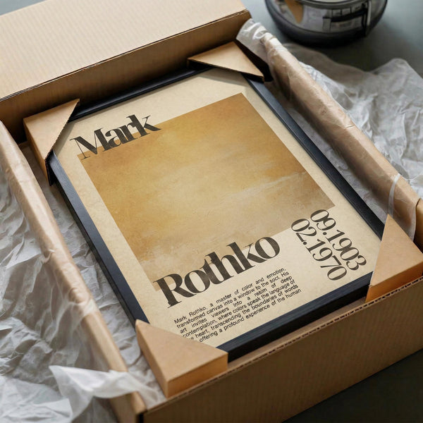 a framed poster or artwork with the name "Rothko" printed on it, placed in a cardboard box.
