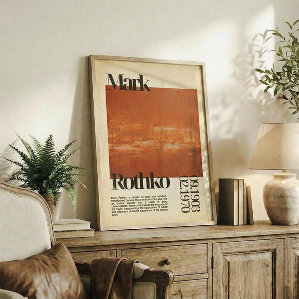 May include: Framed poster featuring Mark Rothko's name and orange abstract painting reproduction displayed on rustic wooden sideboard. Room setting shows neutral walls, fern plant, ceramic vase, stacked books, and beige upholstered chair with brown throw blanket. Natural lighting creates soft shadows across the vintage-style interior decor.