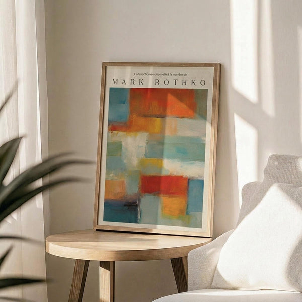 May include: Abstract colorful poster with geometric blocks in blues, oranges, reds, and yellows displayed in thin gold frame on round wooden side table next to beige upholstered chair, with plant shadows cast on white wall from natural sunlight