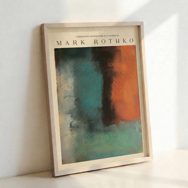 May include: Framed abstract art print in light wood frame leaning against white wall. The artwork features soft, blended colors including teal blue, orange-red, sage green, and cream in Rothko's characteristic color field style. French text at top reads "L'abstraction émotionnelle à la manière de" followed by "MARK ROTHKO" in capital letters. Natural lighting creates subtle shadows on the minimalist white surface.