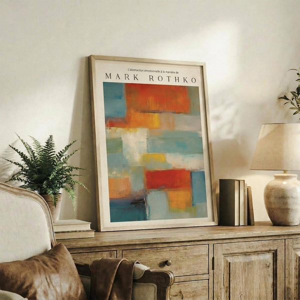 May include: Abstract colorful poster print with blue, orange, red, and yellow rectangular blocks in wooden frame, displayed on rustic wood sideboard next to fern plant, ceramic vase, stacked books, and beige upholstered chair in neutral-toned living room setting