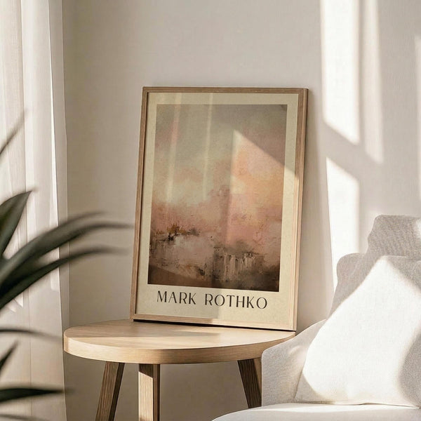 May include: Framed art print with abstract warm-toned composition in orange, pink and brown hues displayed on round wooden side table next to beige upholstered chair. Soft natural lighting creates gentle shadows across neutral wall. Green plant leaves visible in corner. Print features Mark Rothko's name at bottom in clean typography within thin gold or brass frame with cream matting.