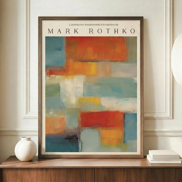 May include: Large framed abstract art print with colorful rectangular blocks in red, orange, blue, teal, yellow and white displayed on wooden sideboard beside white ceramic vase and stacked books against cream paneled wall in modern interior setting