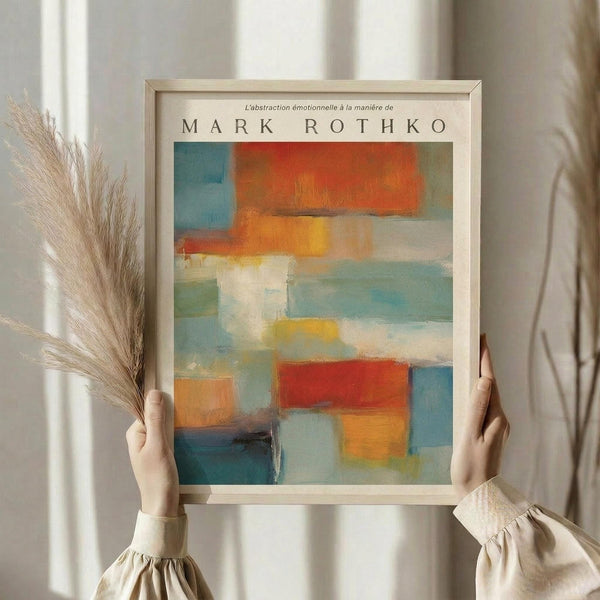 May include: Person in beige ruffled sleeves holding framed abstract art print featuring soft rectangular color blocks in orange, red, blue, teal, yellow and cream. Light wood frame against white curtained window with dried pampas grass stems visible to the left.