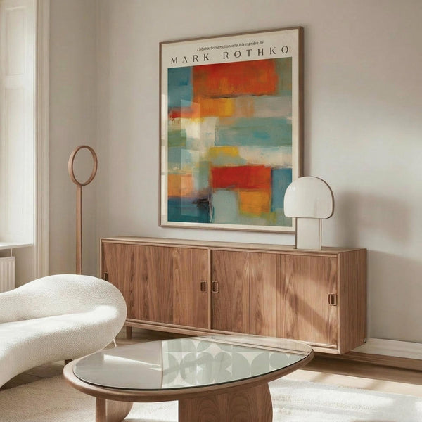 May include: Abstract colorful poster with geometric blocks in red, orange, blue, and teal tones displayed above a mid-century modern walnut credenza in a minimalist living room. White curved chair and glass oval coffee table visible in foreground, with modern table lamp and floor lamp completing the scene.