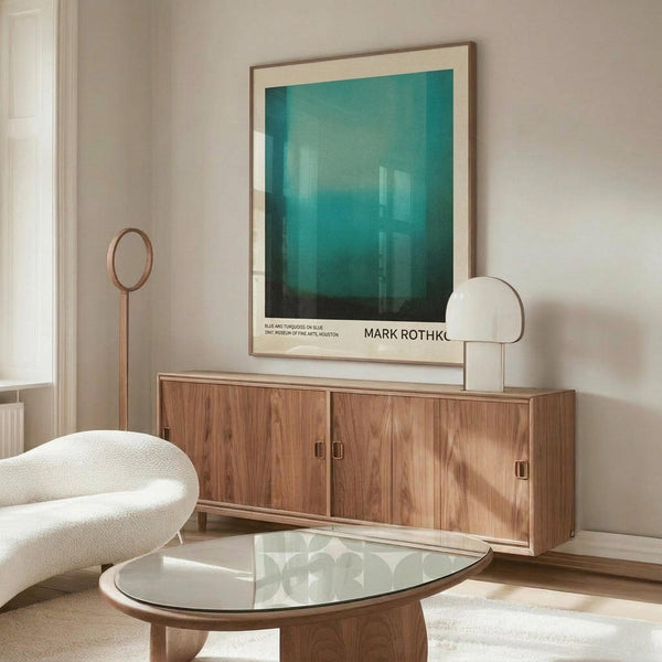 May include: Framed teal and turquoise gradient abstract art print displayed above wooden sideboard in minimalist living room with white curved chair, glass coffee table, and modern brass floor lamp. Print features soft blue-green color field with subtle geometric forms and museum exhibition text at bottom.