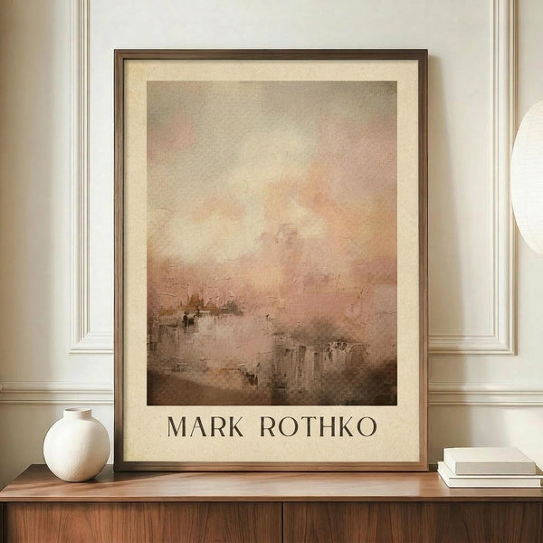 May include: Framed abstract art print in warm orange, pink and brown tones with Mark Rothko text at bottom, displayed on wooden sideboard beside white ceramic vase and stacked books in elegant room with cream walls and white molding.