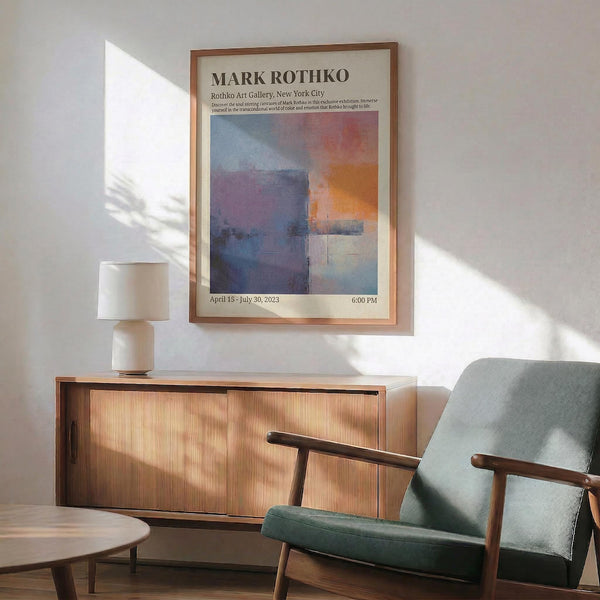 May include: A framed Mark Rothko exhibition poster featuring an abstract painting with blue, purple, orange and white color blocks. The cream-colored poster shows gallery information and exhibition dates. Displayed above a mid-century modern walnut credenza with a white ceramic table lamp, next to a sage green upholstered armchair with wooden arms. Bright natural light creates dramatic shadows on the white wall.