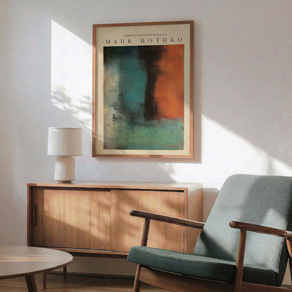 May include: Framed abstract art print with orange, teal, and green color blocks in the style of Mark Rothko, displayed above a mid-century modern wooden credenza with white table lamp, next to a gray upholstered armchair with wooden arms in a sunlit room with white walls