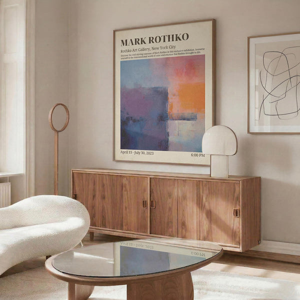 a modern living room with a large abstract painting hanging on the wall, a wooden cabinet, a white sofa, and a glass coffee table.