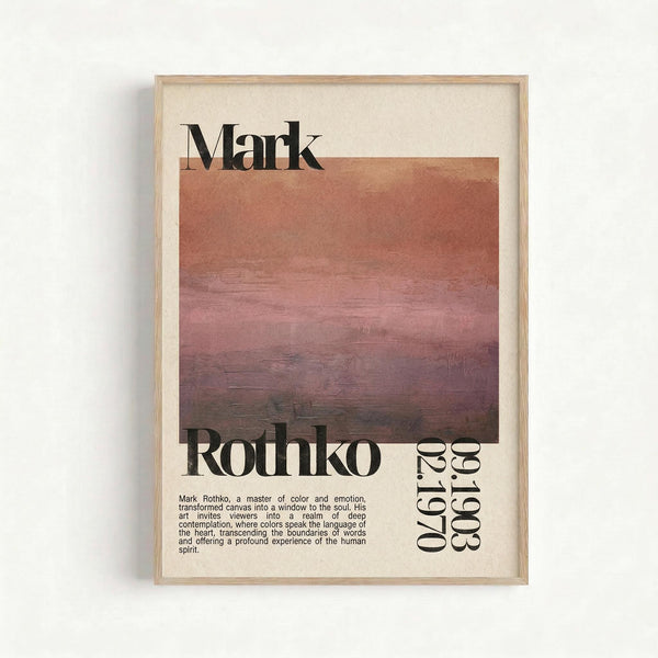 May include: Framed art print on beige wall featuring abstract watercolor gradient from coral pink to deep burgundy purple. Black serif text reads "Mark Rothko" with dates "09.1903-02.1970" and descriptive paragraph about the artist's emotional use of color. Light wood frame with white matting against neutral background.