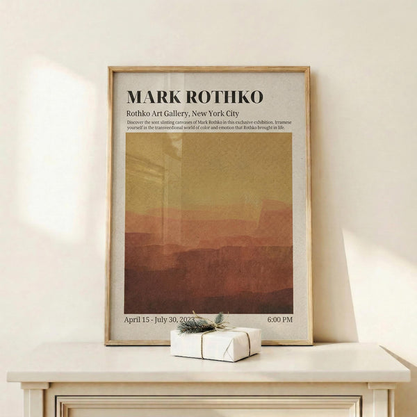May include: Framed Mark Rothko exhibition poster with earth-toned gradient artwork in warm browns and golden hues, displayed on light wood shelf against cream wall. Small wrapped gift with twine and evergreen sprig sits beside the wooden-framed print. Soft natural lighting creates gentle shadows on the minimalist wall display.