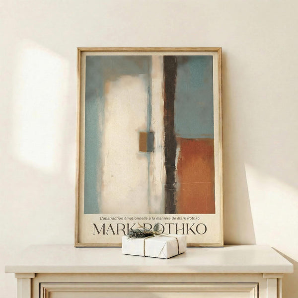 May include: Framed abstract art print in light wood frame leaning against white wall on light wooden surface. Artwork features soft blocks of blue, white, coral orange, and dark vertical stripe in Rothko's color field style. Small wrapped gift box with evergreen sprig sits in front of frame. Minimalist modern interior setting with natural lighting and clean aesthetic.