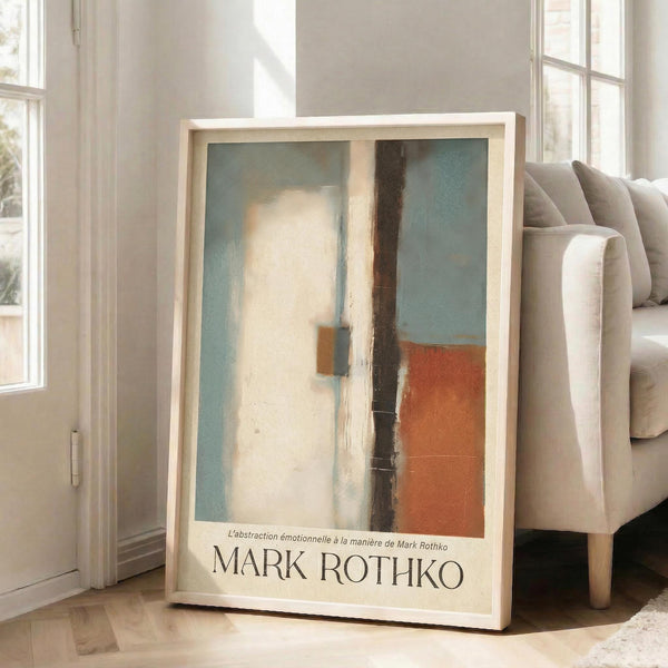 May include: Abstract art poster with soft geometric blocks in muted blue, cream, orange and brown tones in light wooden frame, leaning against white wall next to beige upholstered sofa in bright room with large windows and natural lighting on light floors.