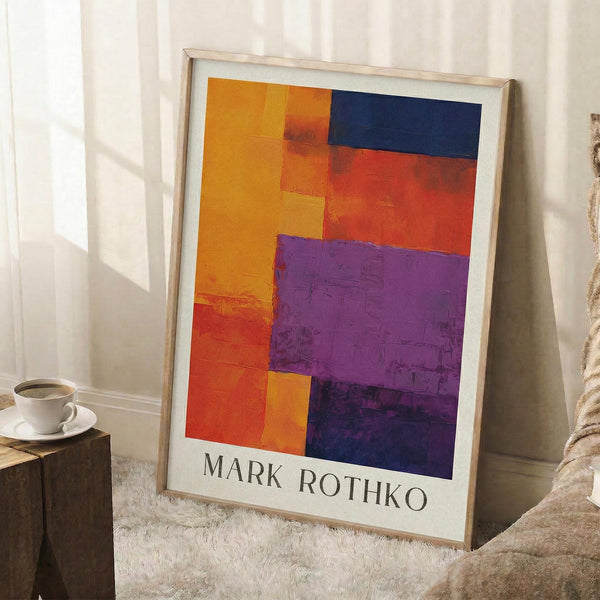 May include: Abstract colorful artwork print in light wood frame leaning against white wall corner. Features bold geometric blocks in orange, red, purple, and navy blue with visible paint texture. Room setting shows white tea cup on wooden block, cream throw blanket, and fluffy white rug. Natural window light creates soft shadows on wall.