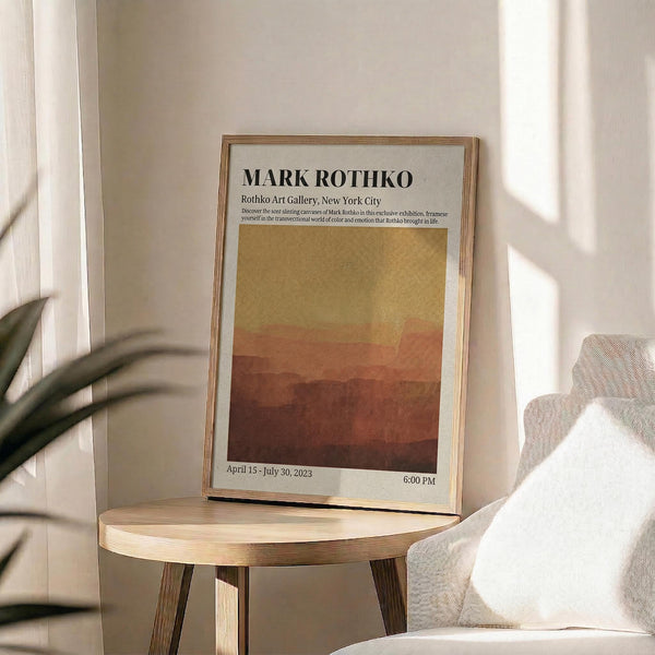 May include: Framed poster with Mark Rothko exhibition text and gradient artwork in golden yellow fading to deep reddish-brown horizontal color blocks, displayed on light wood round side table next to beige upholstered chair with white pillow, green plant leaves visible, soft natural lighting creating shadows on cream wall background.