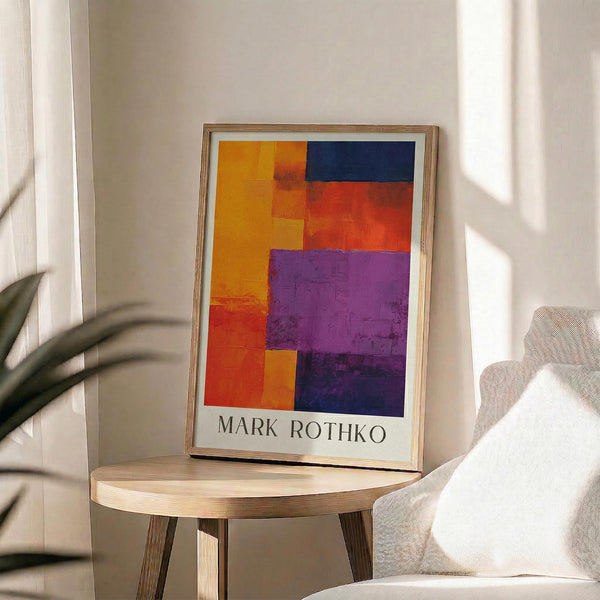 May include: A framed abstract art poster featuring bold rectangular color blocks in yellow, orange, red, purple, and navy blue, displayed on a round wooden side table next to a beige upholstered chair. Natural sunlight streams across the neutral-toned room, creating soft shadows from a plant's leaves on the white wall behind the artwork.
