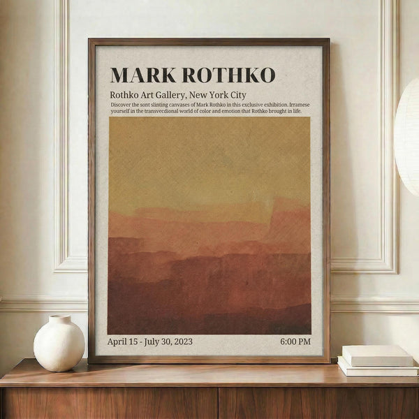 May include: Framed exhibition poster featuring Mark Rothko's name and gallery information above abstract color field artwork in warm earth tones - golden yellow transitioning to coral and deep burgundy horizontal bands. Brown wooden frame displayed on walnut credenza beside white ceramic vase and stacked books against cream paneled wall.
