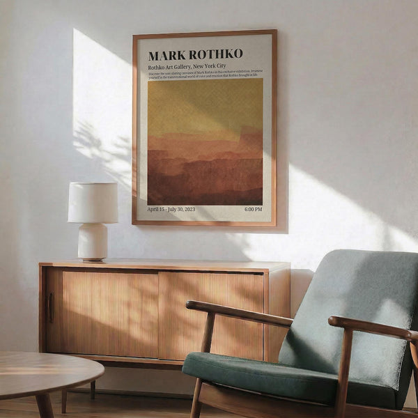 a living room with a framed poster of Mark Rothko's artwork hanging on the wall, a wooden cabinet, a green armchair, and a round wooden table.