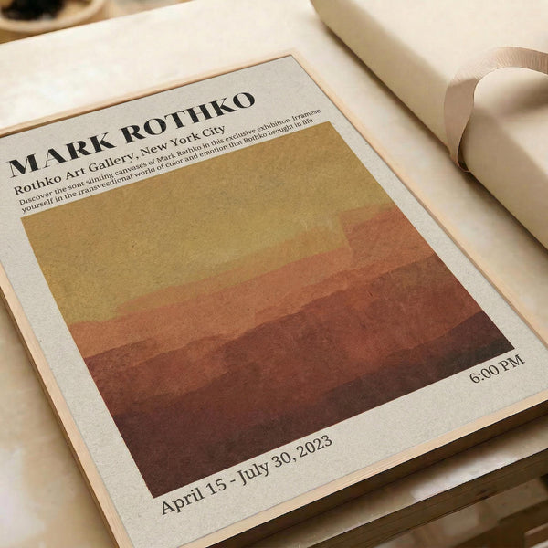 The image is a poster for an art exhibition titled "Mark Rothko" by the artist Mark Rothko, which is scheduled to take place on April 15, 2023 at 6:00 PM at the Rothko Art Gallery in New York City.