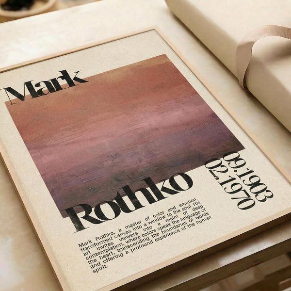 A framed print featuring the name "Mark Rothko" and a description of his work, which is a master of color and emotion.