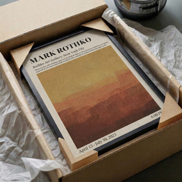 a framed poster or artwork with a warm color palette, displayed in a cardboard box.