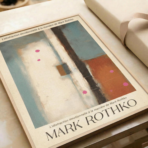 The image is a framed poster featuring an abstract painting with bold colors and shapes.
