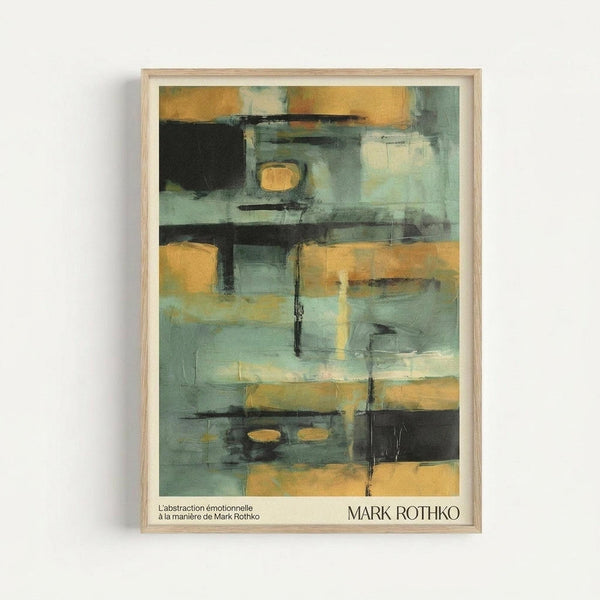 May include: Framed abstract art print mounted on white wall featuring geometric blocks in muted sage green, warm orange, and charcoal black with soft, painterly brushstrokes and layered rectangular forms creating depth and movement in contemporary style