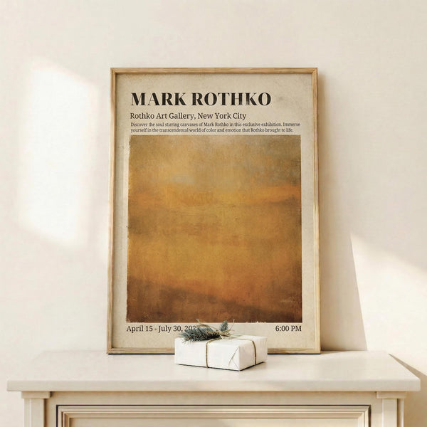 May include: Framed exhibition poster featuring Mark Rothko's name in bold black text above warm golden-brown abstract painting. Cream matting in light wood frame, displayed on white wooden shelf against pale wall. Small wrapped gift box with evergreen sprig sits beside frame. Soft natural lighting creates gentle shadows.