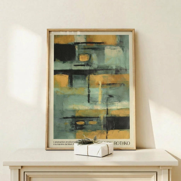 May include: Abstract art print in thin wooden frame leaning against white wall on light wood surface. Artwork features muted blue-green and golden yellow geometric blocks with black accents in painterly style. Small white gift box with natural twine and dried sprig positioned in front of frame.
