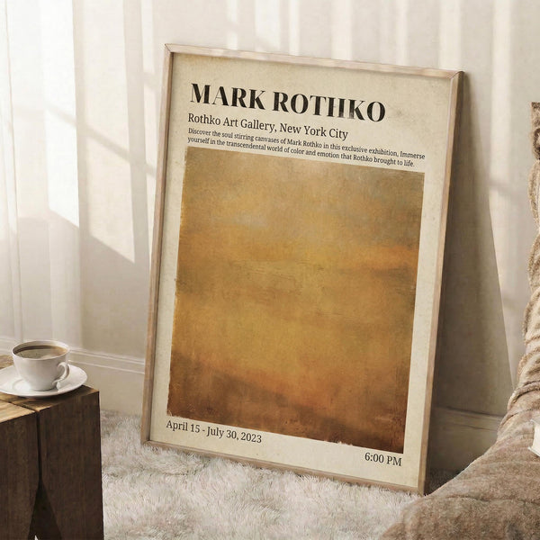 May include: Framed art poster leaning against white wall corner featuring warm golden-brown abstract painting with Mark Rothko exhibition text at top. Cream-colored border with exhibition dates April 15 - July 30, 2023. Scene includes white coffee cup on wooden block, textured white rug, and beige blanket. Natural lighting creates soft shadows on wall.