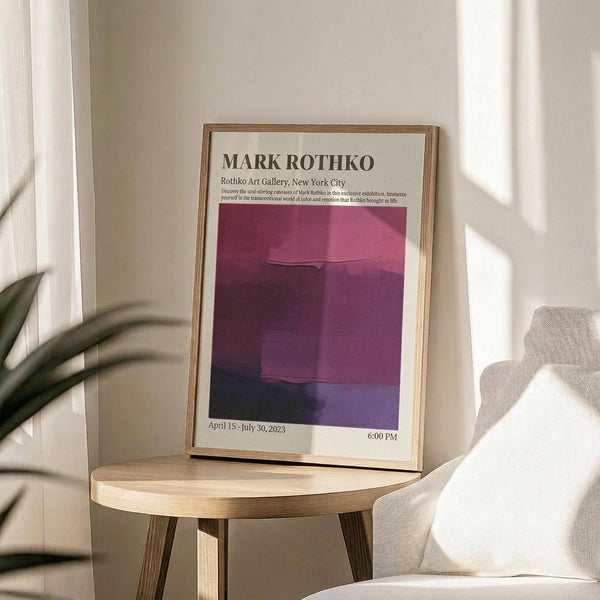 May include: Framed Mark Rothko exhibition poster leaning against white wall on round wooden side table. Poster features deep burgundy and purple color blocks with black text. Natural lighting creates soft shadows across minimalist room setting with beige upholstered chair and green plant leaves visible. Thin gold or natural wood frame surrounds the artwork.