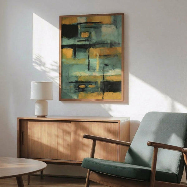 May include: Abstract painting with geometric blocks in teal, sage green, orange, and black tones displayed above a mid-century modern wooden sideboard. Contemporary living room setting features a mint green upholstered armchair with wooden frame, small round coffee table, and ceramic table lamp. Warm natural lighting creates shadows on white wall.