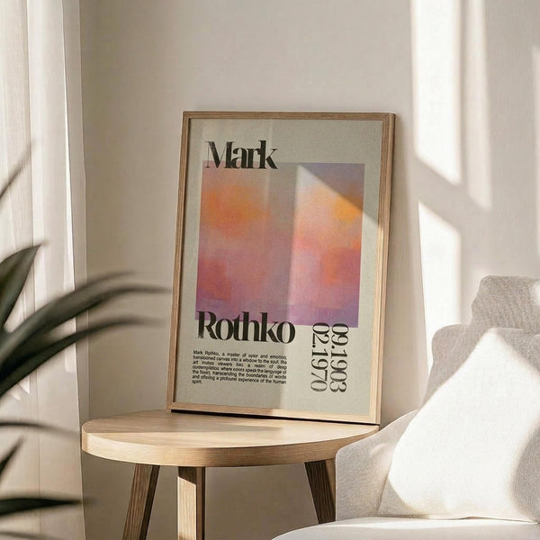 May include: Framed Mark Rothko exhibition poster featuring soft orange, pink and purple gradient colors, displayed on a round wooden side table next to a beige upholstered chair. Sunlight streams across white walls creating geometric shadows, with a plant visible in the corner of this minimalist, warm-toned room setting.