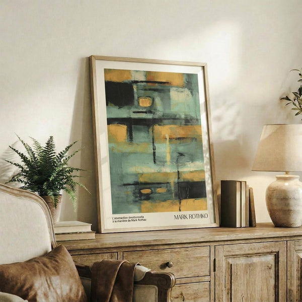 May include: Abstract art print with blue-green and golden yellow geometric blocks displayed in light wood frame on rustic wooden sideboard. Room setting shows fern plant, ceramic vase, books, and beige armchair with brown leather pillow. Soft natural lighting creates warm, modern living space atmosphere.