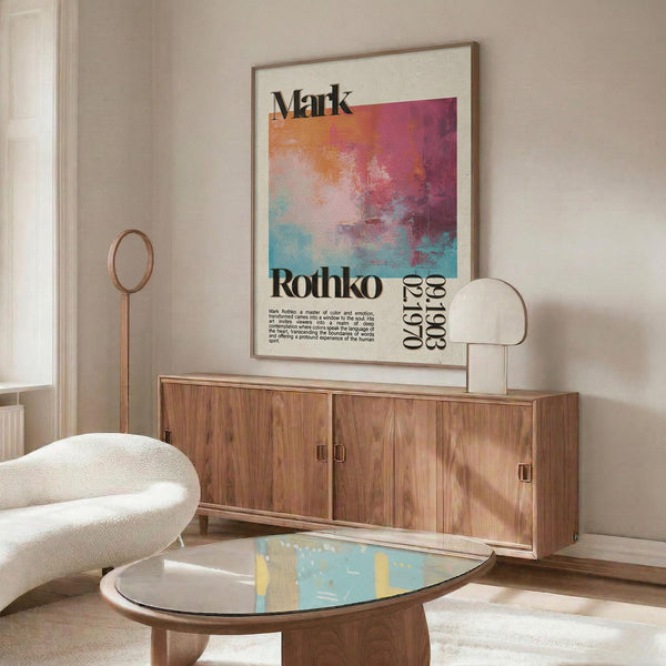 a modern living room with a large abstract painting hanging on the wall above a wooden cabinet. The painting has a vibrant mix of pink, blue, and orange colors. The room also includes a white sofa, a glass coffee table, and a lamp on a side table.
