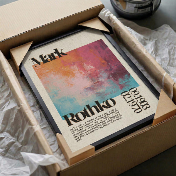 a framed poster or artwork with the name "Mark Rothko" printed on it, placed in a cardboard box.