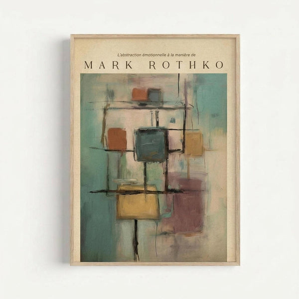 Framed abstract art print featuring geometric squares and rectangles in muted tones of teal, orange, yellow, and burgundy with soft, blended edges and painterly texture. The composition shows overlapping translucent forms connected by dark linear elements against a neutral background. Displayed in a light wood frame against a white wall, creating subtle shadows.
