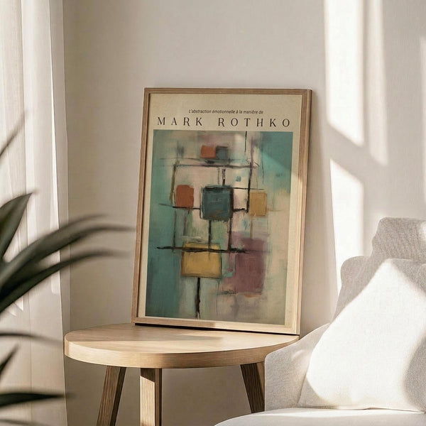May include: Abstract art print with colorful geometric squares in teal, orange, yellow and dark green tones displayed in thin wooden frame on round wooden side table next to beige upholstered chair, with plant shadows and natural lighting in minimalist room setting