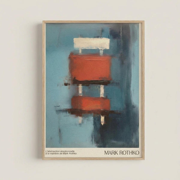 May include: Framed abstract painting print with red-orange rectangular shapes and white accents on blue background, displayed on white wall. Light wood frame surrounds artwork featuring loose brushstrokes and emotional expressionist style. French text at bottom reads "L'abstraction émotionnelle à la manière de Mark Rothko" with artist name.