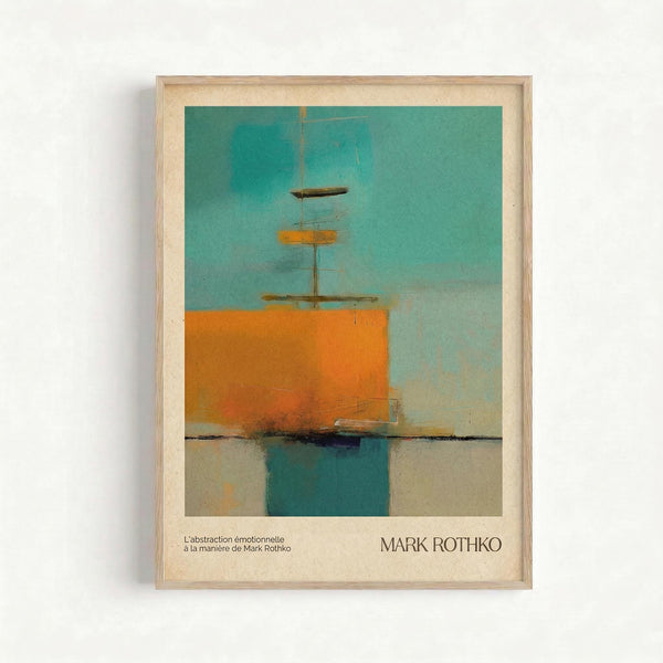 May include: Framed abstract art print in light wood frame hanging on white wall. Artwork features turquoise blue background with orange and yellow geometric shapes suggesting a sailboat, with muted teal and beige lower section. French text at bottom reads "L'abstraction émotionnelle à la manière de Mark Rothko" with artist name. Soft color blocking style with painterly texture and horizontal composition.