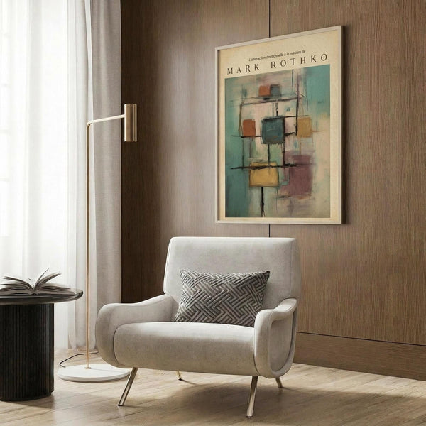 May include: Modern living room scene with cream armchair featuring geometric patterned pillow, brass floor lamp with white shade, dark round side table with open book, and wood-paneled wall displaying framed abstract art poster with colorful geometric squares in teal, orange, yellow and burgundy tones.