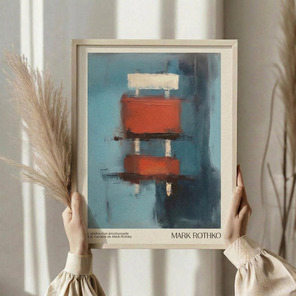 May include: Person holding framed abstract art print in light wood frame against white curtained window. Artwork shows orange-red rectangular forms with white elements on blue background in painterly style. Dried pampas grass held in other hand. Soft natural lighting on cream colored clothing.