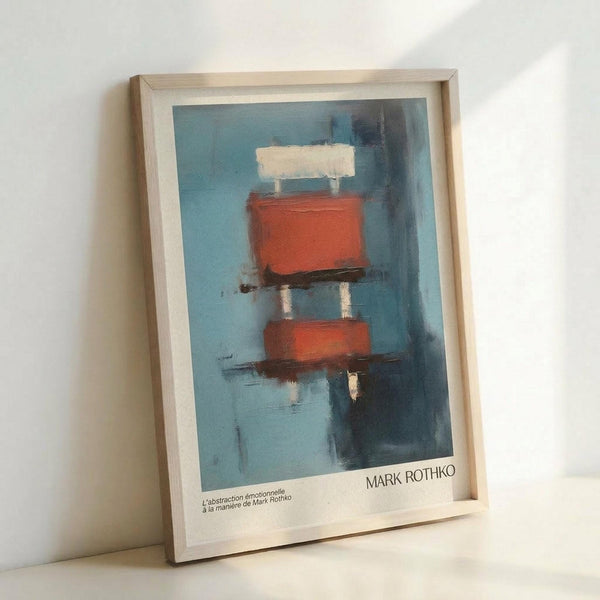 May include: Framed abstract art print in light wood frame leaning against white wall. Blue-teal background with geometric orange-red rectangular shapes stacked vertically, separated by white and dark horizontal bands. Soft, blurred brushstroke style with muted colors. Print includes artist attribution text at bottom. Frame casts subtle shadow on wall.