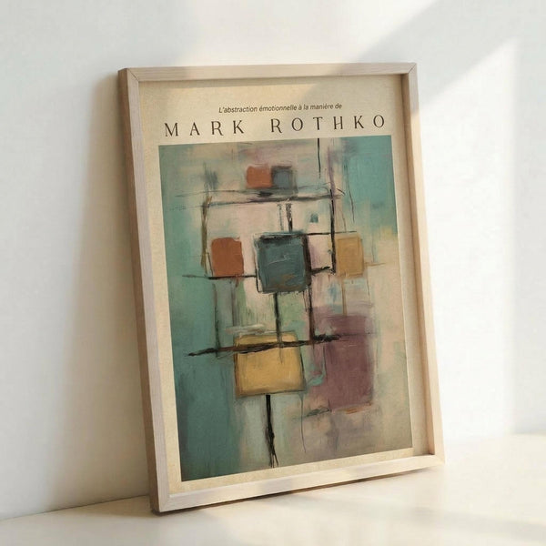 May include: Framed abstract art print leaning against white wall, featuring geometric squares and rectangles in muted teal, orange, yellow and gray tones with black linear elements. Light wood frame surrounds cream-colored background with French text "L'abstraction émotionnelle à la manière de MARK ROTHKO" above the artwork. Soft natural lighting creates subtle shadows on minimalist white surface.