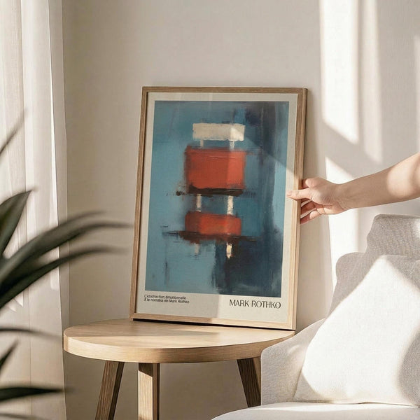 May include: Framed Mark Rothko abstract art print displayed on round wooden side table next to beige upholstered chair. Hand reaches toward the artwork which features stacked red-orange rectangular forms against blue background. Natural lighting creates soft shadows on neutral wall. Green plant leaves visible in corner of minimalist living room setting.